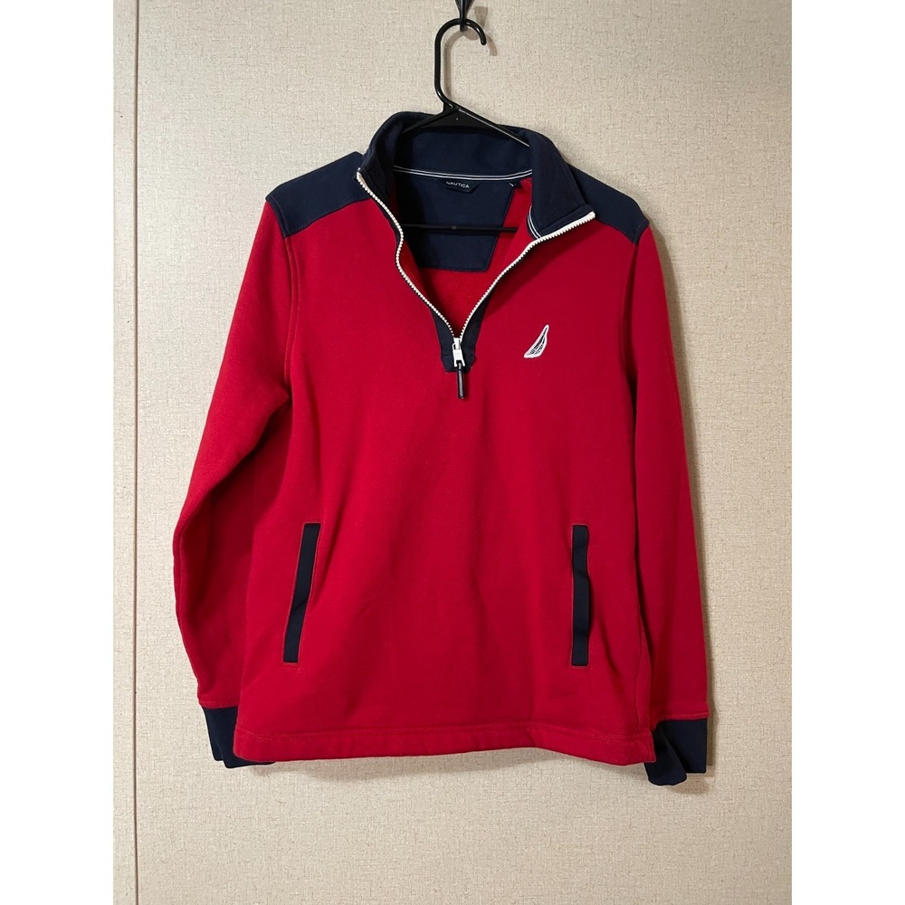 Nautica Quarter Zip Pullover Sweater Mens Small Red Navy Blue Striped Y2K